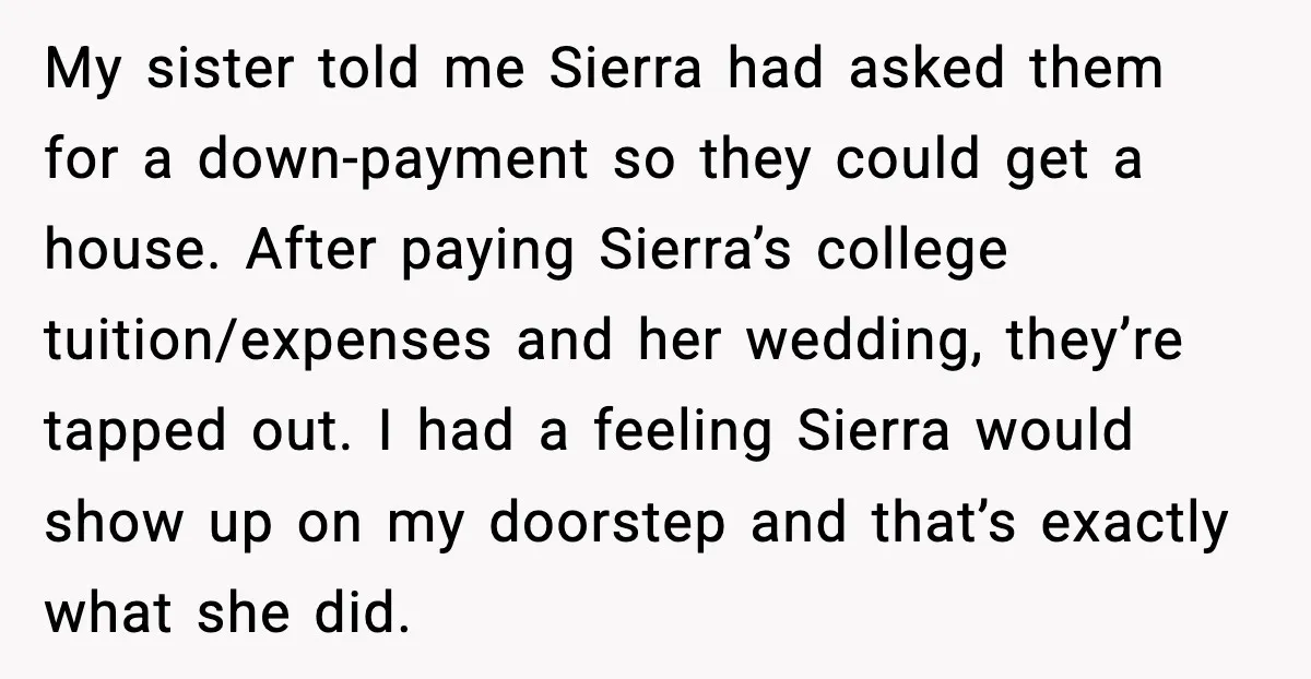 Uncle Denies Niece a House Down-Payment After Her Lavish Wedding My sister told me Sierra had asked them for a down-payment so they could get a house. After paying Sierra’s college tuition/expenses and her wedding, they’re tapped out. I had...