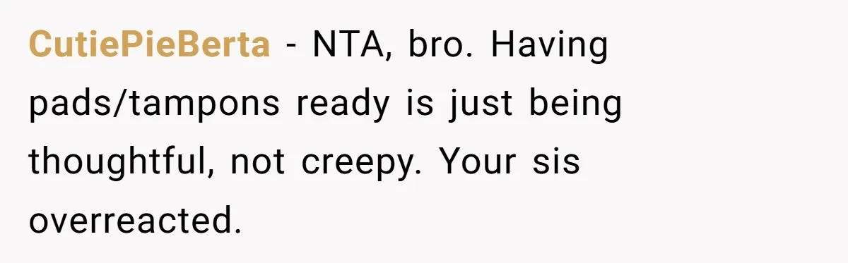 Guy Keeps Pads And Tampons For Guests, But His Sister Thinks He’s ‘Forcing Himself’ Into Women’s Issues CutiePieBerta − NTA, bro. Having pads/tampons ready is just being thoughtful, not creepy. Your sis overreacted.