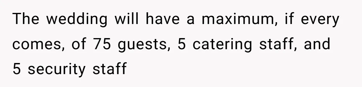 "You Can't Bring a Plus-One to Your Own House": Man Shuts Down Entitled Wedding Plans The wedding will have a maximum, if every comes, of 75 guests, 5 catering staff, and 5 security staff