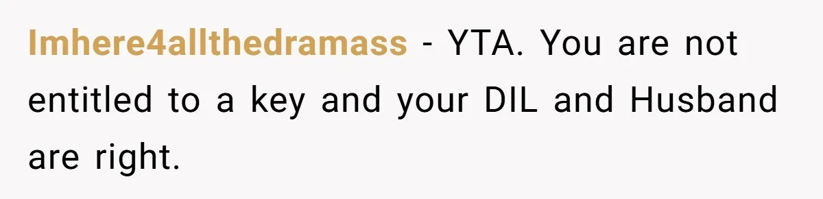 Woman Asks For Son’s House Key, Then Gets Shocked When Daughter-In-Law Says “No Contribution, No Copy” Imhere4allthedramass − YTA. You are not entitled to a key and your DIL and Husband are right.