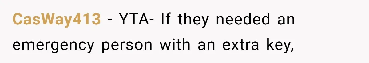 Woman Asks For Son’s House Key, Then Gets Shocked When Daughter-In-Law Says “No Contribution, No Copy” CasWay413 − YTA- If they needed an emergency person with an extra key,