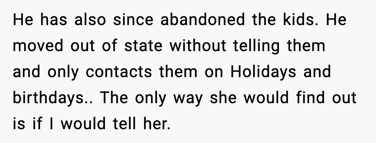 She Gifted Her Daughter The Bracelets Her Ex Bought For His Affair He has also since abandoned the kids. He moved out of state without telling them and only contacts them on Holidays and birthdays.. The only way she would find out...