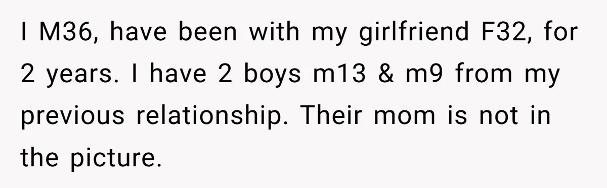 Dad Calls Girlfriend “Selfish” After She Refuses To Skip Her Job Interview To Save His Kids I M36, have been with my girlfriend F32, for 2 years. I have 2 boys m13 & m9 from my previous relationship. Their mom is not in the picture.