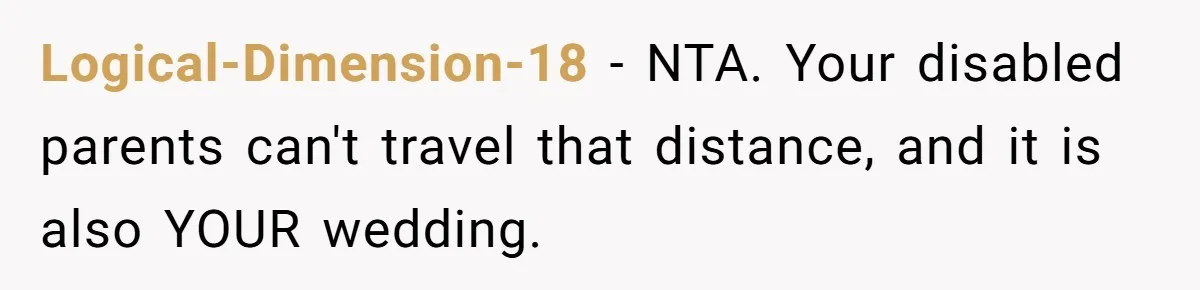 Man Forces His Fiancée To Choose Between Him And Her Parents Over Wedding Venue Dispute Logical-Dimension-18 − NTA. Your disabled parents can't travel that distance, and it is also YOUR wedding.