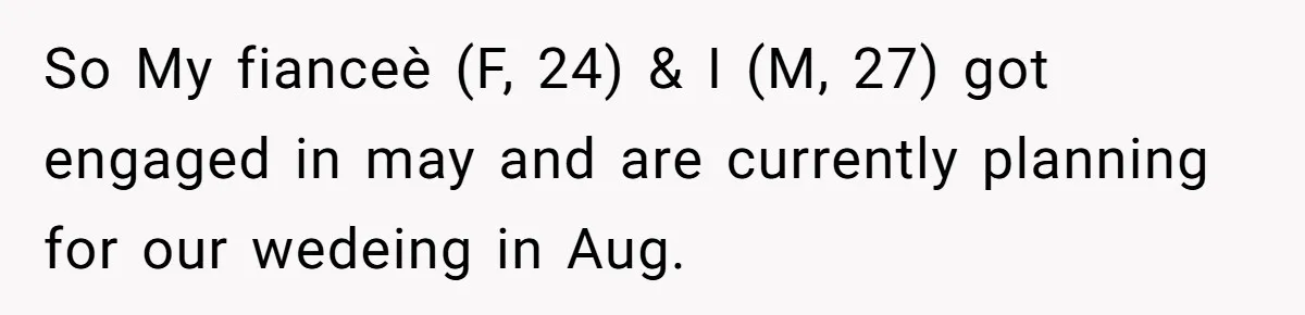 Man Forces His Fiancée To Choose Between Him And Her Parents Over Wedding Venue Dispute So My fianceè (F, 24) & I (M, 27) got engaged in may and are currently planning for our wedeing in Aug.