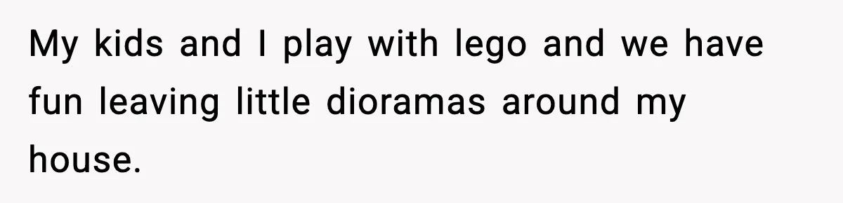 Parent Lets Kids Loot Brother’s House After He Refuses To Return Missing Legos, Is She Wrong? My kids and I play with lego and we have fun leaving little dioramas around my house.