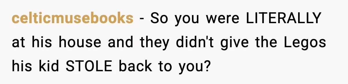 Parent Lets Kids Loot Brother’s House After He Refuses To Return Missing Legos, Is She Wrong? celticmusebooks − So you were LITERALLY at his house and they didn't give the Legos his kid STOLE back to you?