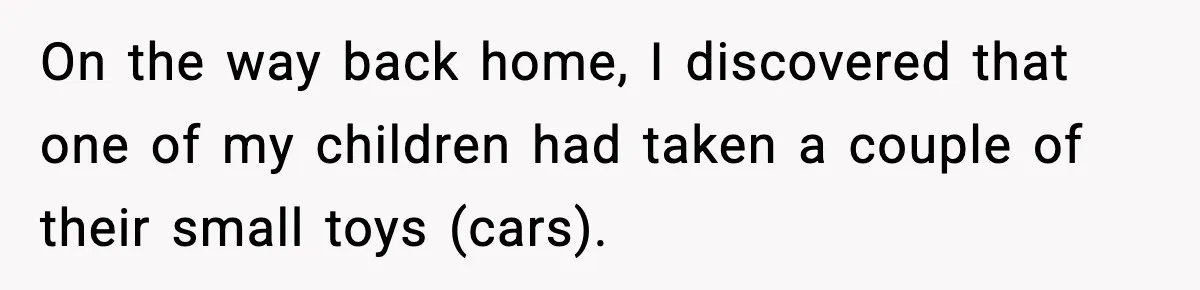 Parent Lets Kids Loot Brother’s House After He Refuses To Return Missing Legos, Is She Wrong? On the way back home, I discovered that one of my children had taken a couple of their small toys (cars).