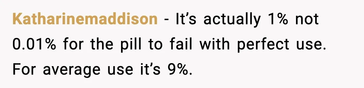 Teen Dad Refuses To “Be A Father” And Plans To Leave Town For College Katharinemaddison - It’s actually 1% not 0.01% for the pill to fail with perfect use. For average use it’s 9%.