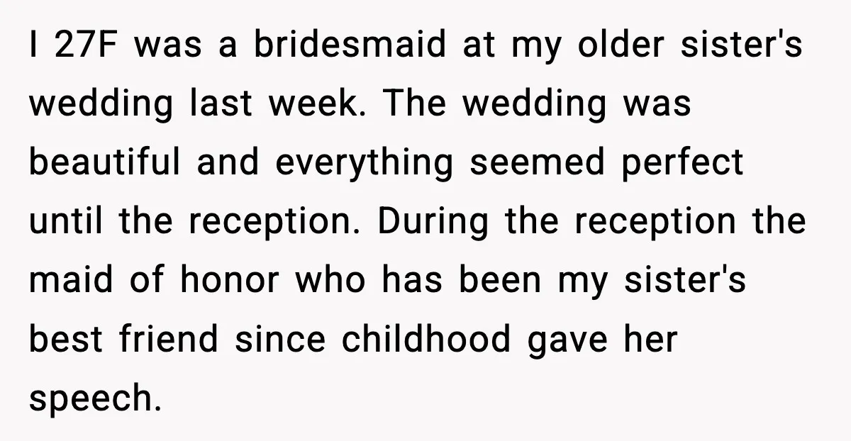 She Left Her Sister’s Wedding After the Maid of Honor Publicly Humiliated Her I 27F was a bridesmaid at my older sister's wedding last week. The wedding was beautiful and everything seemed perfect until the reception. During the reception the maid of honor...