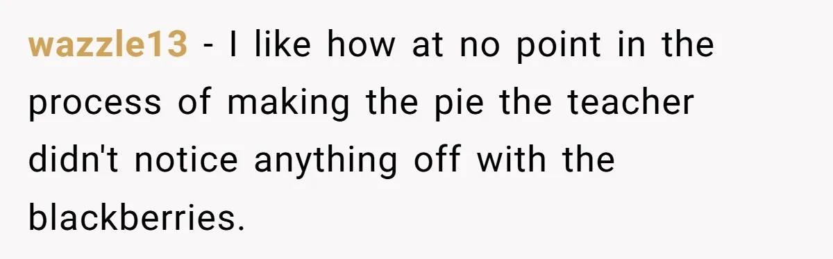 Teacher Steals Kids’ Blackberries, Cooks Pie In Class, And Then Eats It Herself—Here’s What Happened wazzle13 − I like how at no point in the process of making the pie the teacher didn't notice anything off with the blackberries.