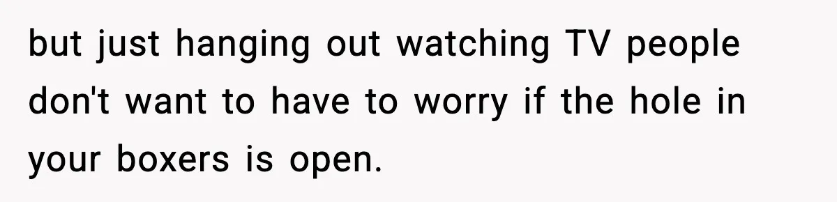 Roommate Tries To Shame Housemates For Not Wearing Clothes, Now He’s Mad They Won’t Change but just hanging out watching TV people don't want to have to worry if the hole in your boxers is open.
