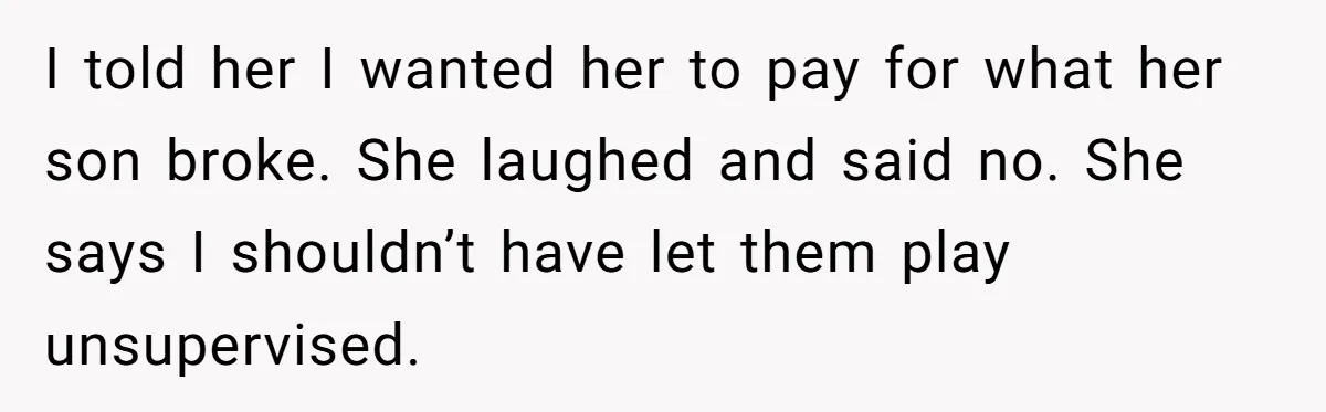 Parents Furious After Woman Replaces Her Son’s Broken Console With Nephew’s Gift I told her I wanted her to pay for what her son broke. She laughed and said no. She says I shouldn’t have let them play unsupervised.