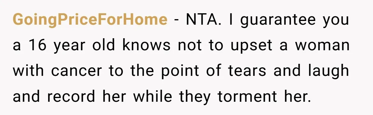 Man Evicts Sister After Her Teens Steal His Cancer-Stricken Wife’s Wig For Fun GoingPriceForHome − NTA. I guarantee you a 16 year old knows not to upset a woman with cancer to the point of tears and laugh and record her while they...