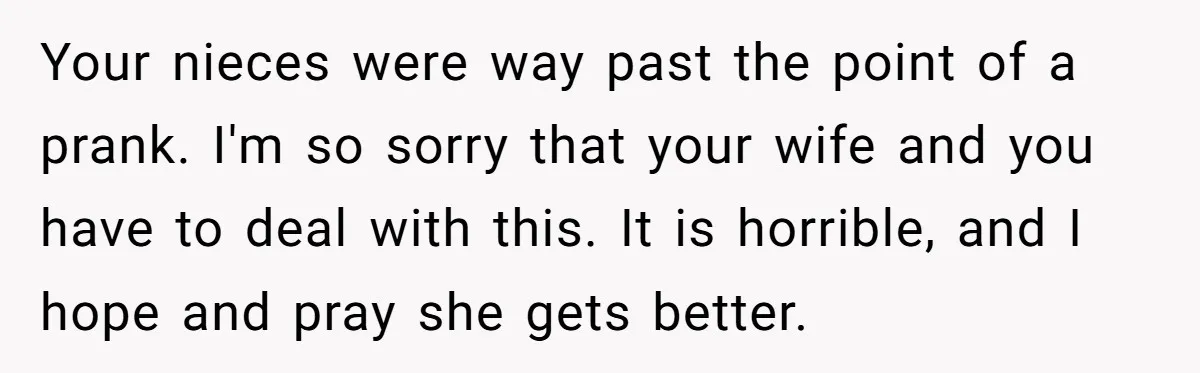 Man Evicts Sister After Her Teens Steal His Cancer-Stricken Wife’s Wig For Fun Your nieces were way past the point of a prank. I'm so sorry that your wife and you have to deal with this. It is horrible, and I hope and...