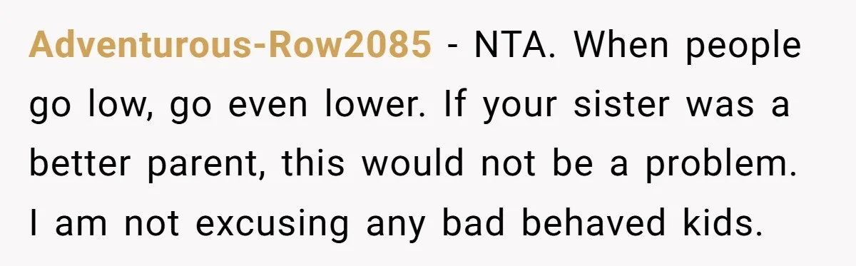 Aunt Can’t Believe Sister’s Parenting, Shows Family The Footage That Started The Feud Adventurous-Row2085 − NTA. When people go low, go even lower. If your sister was a better parent, this would not be a problem. I am not excusing any bad behaved...