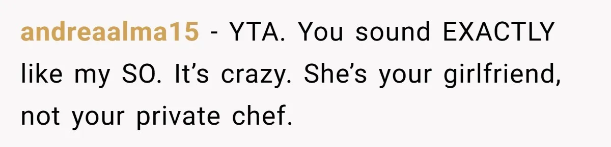 Girlfriend Finally Snaps After Her “Private Chef” Boyfriend Refuses Real Dates For Years andreaalma15 − YTA. You sound EXACTLY like my SO. It’s crazy. She’s your girlfriend, not your private chef.