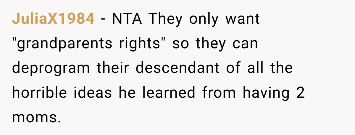 Dad Adopts Biological Son In Secret, Refuses To Tell Parents Until Inheritance Forces Truth JuliaX1984 − NTA They only want "grandparents rights" so they can deprogram their descendant of all the horrible ideas he learned from having 2 moms.
