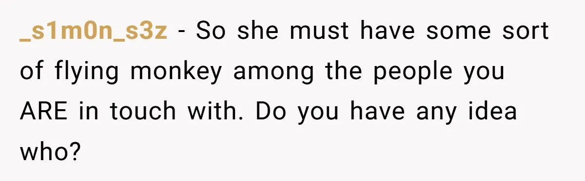 _s1m0n_s3z − So she must have some sort of flying monkey among the people you ARE in touch with. Do you have any idea who?
