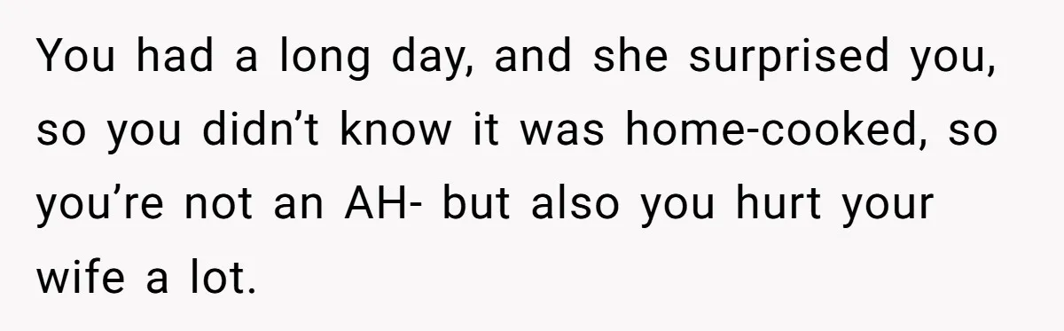 Husband Destroys His Wife’s First Meal Attempt, Now She’s Not Sure She’ll Ever Cook Again You had a long day, and she surprised you, so you didn’t know it was home-cooked, so you’re not an AH- but also you hurt your wife a lot.