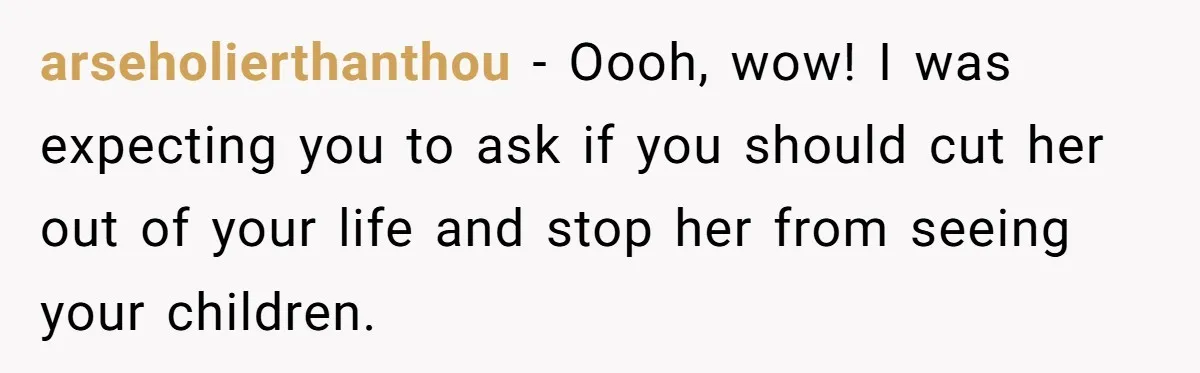 A New Mom’s Breaking Point: Woman’s Savage Response To Her MIL’s ‘Perfect Mother’ Routine arseholierthanthou − Oooh, wow! I was expecting you to ask if you should cut her out of your life and stop her from seeing your children.