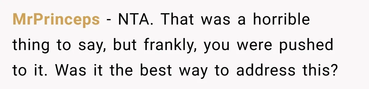 A New Mom’s Breaking Point: Woman’s Savage Response To Her MIL’s ‘Perfect Mother’ Routine MrPrinceps − NTA. That was a horrible thing to say, but frankly, you were pushed to it. Was it the best way to address this?