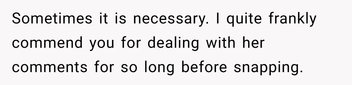 A New Mom’s Breaking Point: Woman’s Savage Response To Her MIL’s ‘Perfect Mother’ Routine Sometimes it is necessary. I quite frankly commend you for dealing with her comments for so long before snapping.