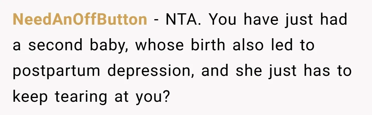 A New Mom’s Breaking Point: Woman’s Savage Response To Her MIL’s ‘Perfect Mother’ Routine NeedAnOffButton − NTA. You have just had a second baby, whose birth also led to postpartum depression, and she just has to keep tearing at you?