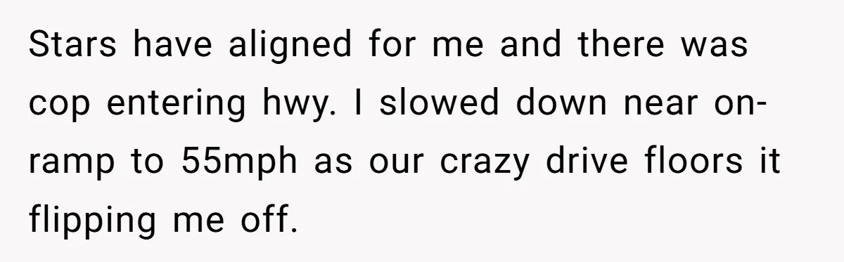 Driver Tries to Play Games with a Trucker - Ends Up Getting Pulled Over Instead Stars have aligned for me and there was cop entering hwy. I slowed down near on-ramp to 55mph as our crazy drive floors it flipping me off.
