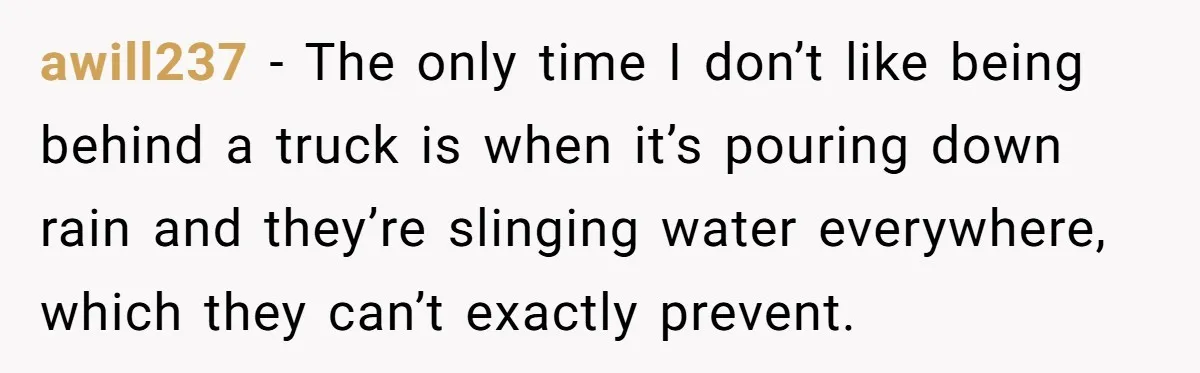 Driver Tries to Play Games with a Trucker - Ends Up Getting Pulled Over Instead awill237 − The only time I don’t like being behind a truck is when it’s pouring down rain and they’re slinging water everywhere, which they can’t exactly prevent.