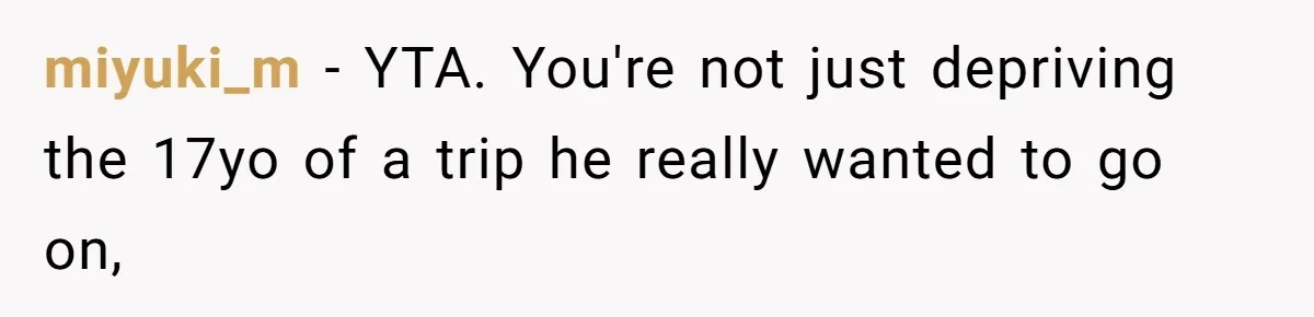 Mom Strips Thrilled Stepson Of Disney Trip After Biological Son Throws Tantrum Over Girlfriend’s Birthday miyuki_m − YTA. You're not just depriving the 17yo of a trip he really wanted to go on,