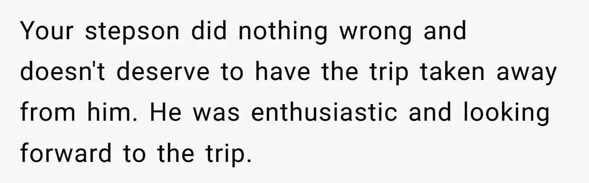 Mom Strips Thrilled Stepson Of Disney Trip After Biological Son Throws Tantrum Over Girlfriend’s Birthday Your stepson did nothing wrong and doesn't deserve to have the trip taken away from him. He was enthusiastic and looking forward to the trip.