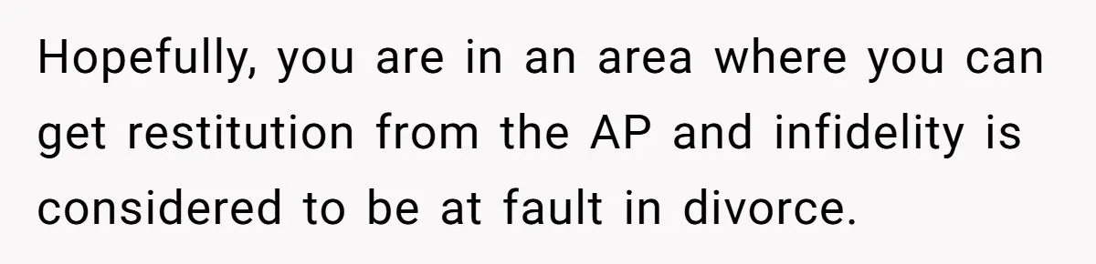 Husband Takes Affair Partner’s Wallet And Keys In Revenge, And It Costs Him His Marriage Hopefully, you are in an area where you can get restitution from the AP and infidelity is considered to be at fault in divorce.