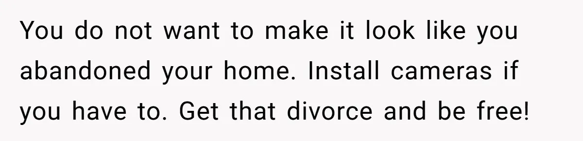 Husband Takes Affair Partner’s Wallet And Keys In Revenge, And It Costs Him His Marriage You do not want to make it look like you abandoned your home. Install cameras if you have to. Get that divorce and be free!