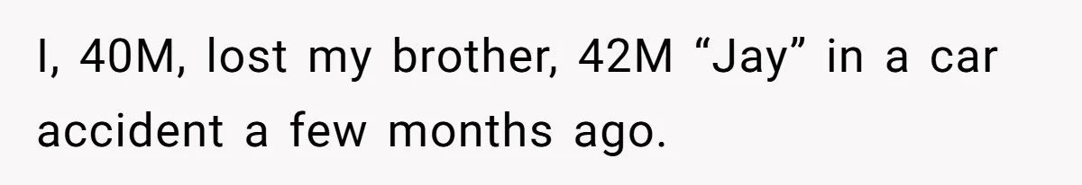 Brother Keeps Entire Life Insurance Windfall While Widow With Twins Faces Selling Family Home I, 40M, lost my brother, 42M “Jay” in a car accident a few months ago.