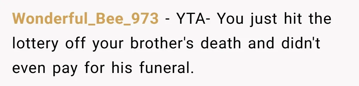 Brother Keeps Entire Life Insurance Windfall While Widow With Twins Faces Selling Family Home Wonderful_Bee_973 − YTA- You just hit the lottery off your brother's death and didn't even pay for his funeral.