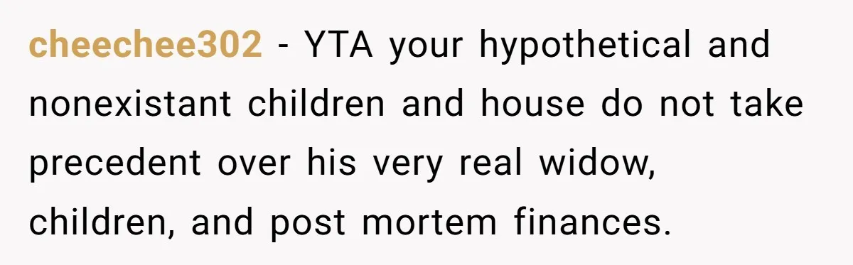 Brother Keeps Entire Life Insurance Windfall While Widow With Twins Faces Selling Family Home cheechee302 − YTA your hypothetical and nonexistant children and house do not take precedent over his very real widow, children, and post mortem finances.
