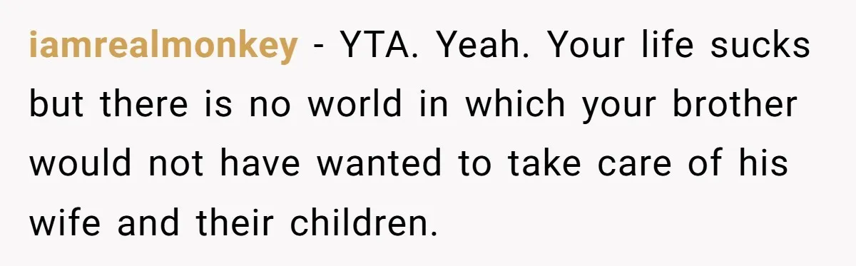 Brother Keeps Entire Life Insurance Windfall While Widow With Twins Faces Selling Family Home iamrealmonkey − YTA. Yeah. Your life sucks but there is no world in which your brother would not have wanted to take care of his wife and their children.