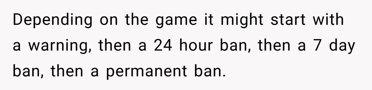 Player Appeals a 24-Hour Ban… Developers Check the Logs and Hit Him With a Permanent One Instead Depending on the game it might start with a warning, then a 24 hour ban, then a 7 day ban, then a permanent ban.