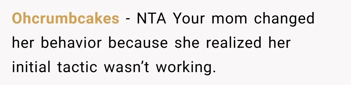 Son Calls Mother Heartless For Demanding Time With Fiancée While She Mourns Brother’s Sudden Death Ohcrumbcakes − NTA Your mom changed her behavior because she realized her initial tactic wasn’t working.