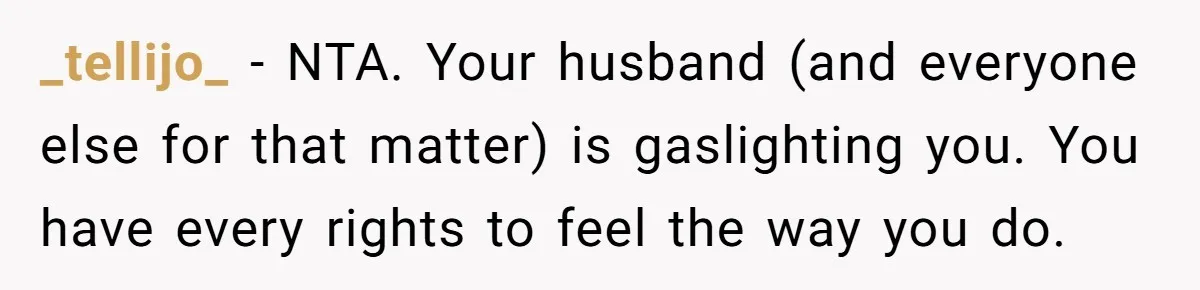 Wife Walks Out After Husband’s Best Friend Sits On His Lap At Dinner _tellijo_ − NTA. Your husband (and everyone else for that matter) is gaslighting you. You have every rights to feel the way you do.