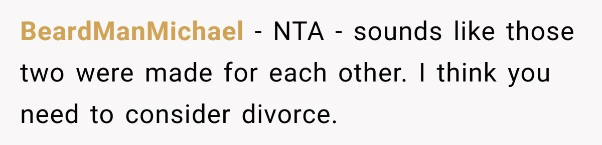 Wife Walks Out After Husband’s Best Friend Sits On His Lap At Dinner BeardManMichael − NTA - sounds like those two were made for each other. I think you need to consider divorce.