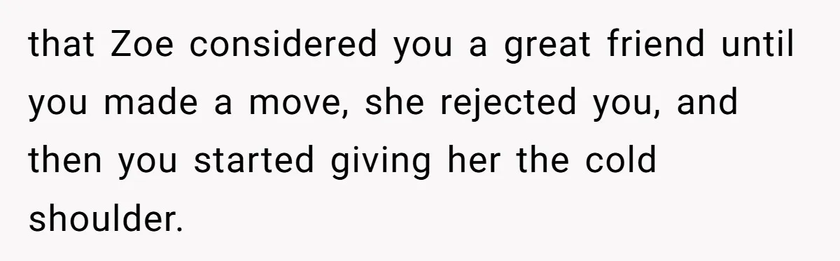 Guy’s Efforts To Keep Things Civil With A Girl Backfire, He Ends Up Kicking Her Out Of The Group that Zoe considered you a great friend until you made a move, she rejected you, and then you started giving her the cold shoulder.