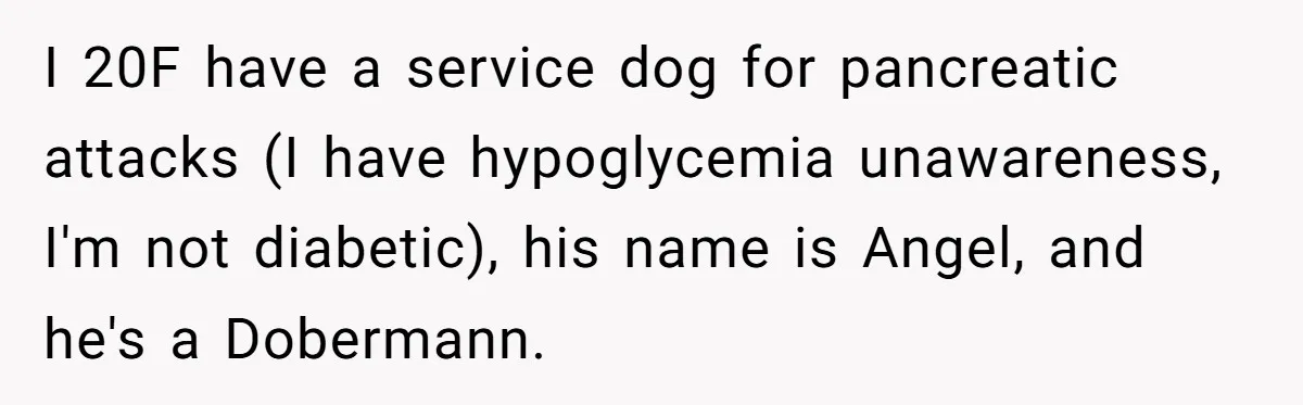 Woman Kicked Out of Wedding For Bringing Her Dobermann Service Dog, Should She Have Left Him Behind? I 20F have a service dog for pancreatic attacks (I have hypoglycemia unawareness, I'm not diabetic), his name is Angel, and he's a Dobermann.