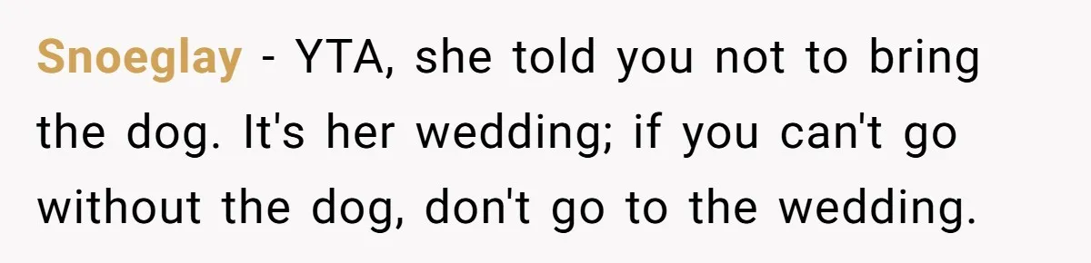 Woman Kicked Out of Wedding For Bringing Her Dobermann Service Dog, Should She Have Left Him Behind? Snoeglay − YTA, she told you not to bring the dog. It's her wedding; if you can't go without the dog, don't go to the wedding.