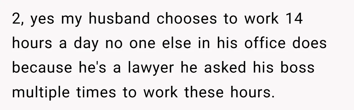 Husband Thinks He’s “Trying His Best”… Until Reddit Hears What His Wife Is Really Going Thro 2, yes my husband chooses to work 14 hours a day no one else in his office does because he's a lawyer he asked his boss multiple times to work...