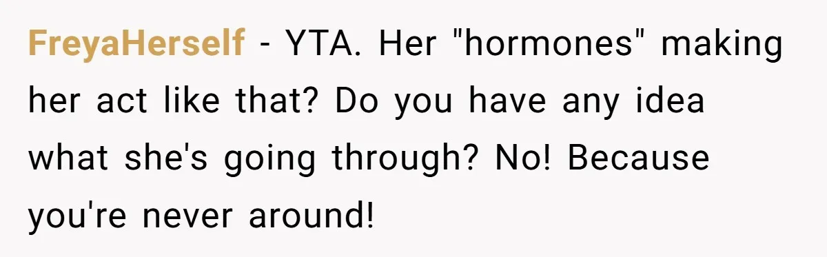 Husband Thinks He’s “Trying His Best”… Until Reddit Hears What His Wife Is Really Going Thro FreyaHerself − YTA. Her "hormones" making her act like that? Do you have any idea what she's going through? No! Because you're never around!