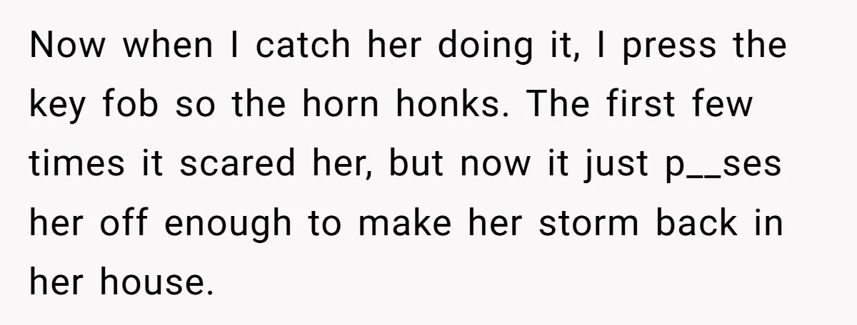 Neighbor Keeps Snapping Photos Of Woman’s Car, Gets Loud Surprise Every Time Now when I catch her doing it, I press the key fob so the horn honks. The first few times it scared her, but now it just p__ses her off...