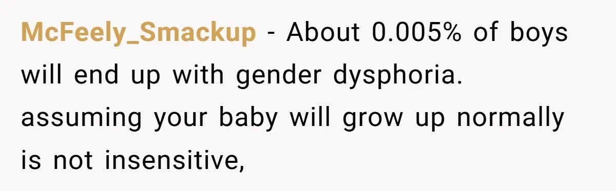 She Invited Her Trans Friend to Her Baby Shower - Then Did a Gender Reveal Cake and Drama Exploded McFeely_Smackup − About 0.005% of boys will end up with gender dysphoria. assuming your baby will grow up normally is not insensitive,
