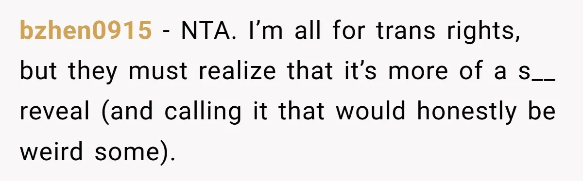 She Invited Her Trans Friend to Her Baby Shower - Then Did a Gender Reveal Cake and Drama Exploded bzhen0915 − NTA. I’m all for trans rights, but they must realize that it’s more of a s__ reveal (and calling it that would honestly be weird some).